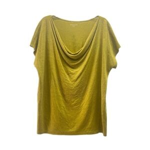 Eileen Fisher Top Blouse Size MEDIUM Green 100% Linen Embellished Draped Neck